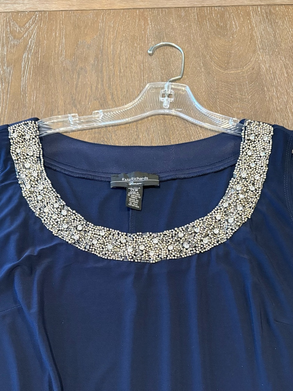 Elegant R&M Richards Navy 2 Piece Dress with Beaded & Rhinestone Jewel Neckline - Picture 7 of 16